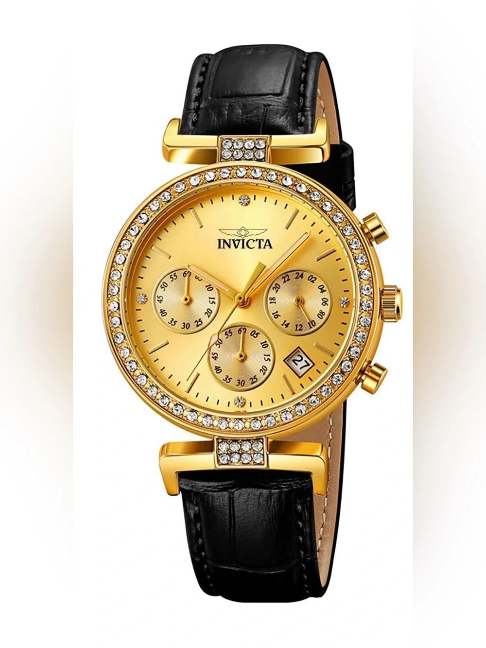Ladies 38mm Gold Tone Case Gold Metal Dial Black Leather Band - 70365